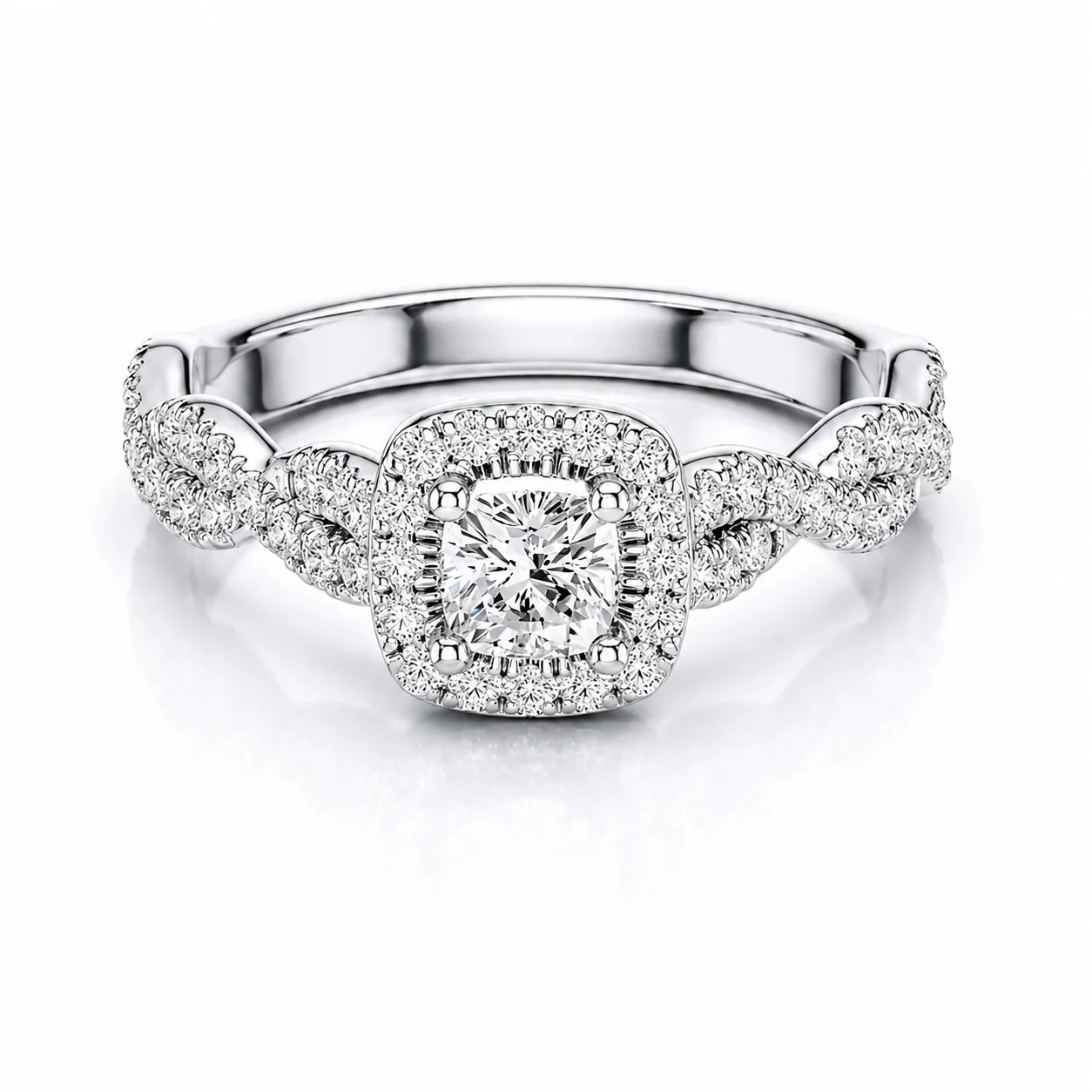 Cushion Halo Ring with Twisted Pavé Band - ORNIVAJEWELS lab grown diamond jewellery
